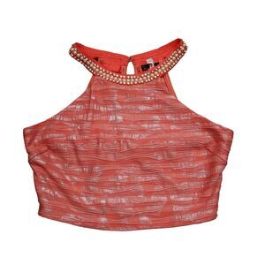 Janice Shirt Womens M Orange Sleeveless Halter Neck Rhinestone Cropped Top